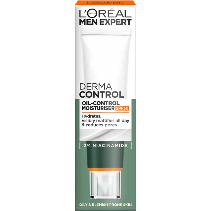 L'Oréal Paris Men Expert Derma Control 40 ml ansigtscreme i hvid æske med 2% niacinamide og SPF30