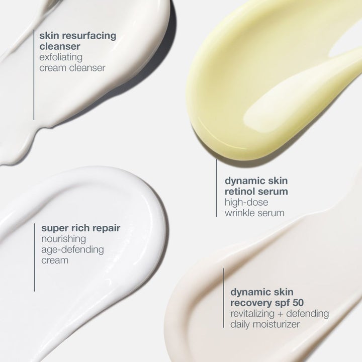 Dermalogica Skin Aging Solutions Duo hudplejesæt viser cremede teksturer af retinol serum og SPF 50 dagcreme.