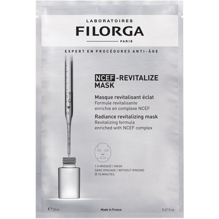 Filorga NCEF-Revitalize Mask 20 ml revitaliserende sheetmaske i sølvfarvet emballage med pipetteillustration