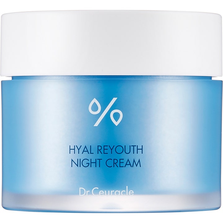 Dr. Ceuracle Hyal Reyouth Night Cream 60ml fugtgivende natcreme i lyseblå glaskrukke med hvidt låg