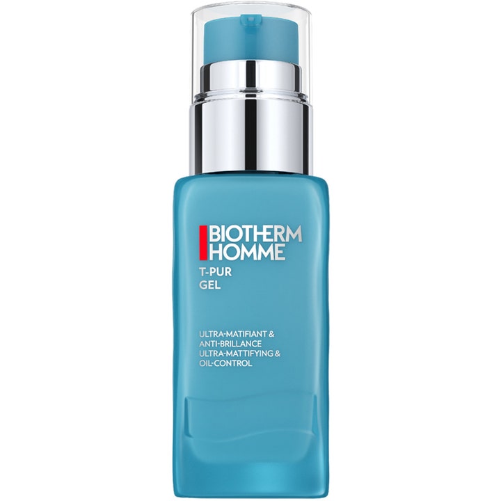 Biotherm Homme T-Pur Gel matterende ansigtsgel mod skinnende hud i blå pumpeflaske med sølvdetaljer.
