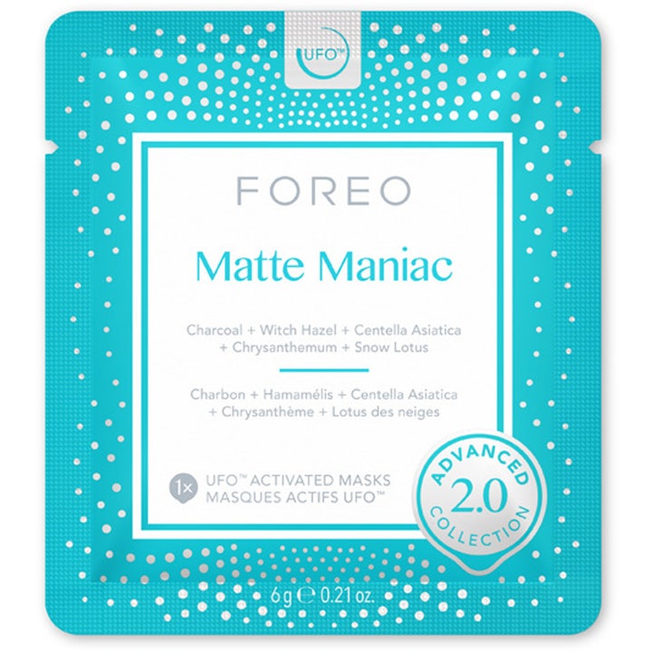 FOREO UFO Matte Maniac 2.0 6 stk ansigtsmaske med kul der renser huden i turkis emballage