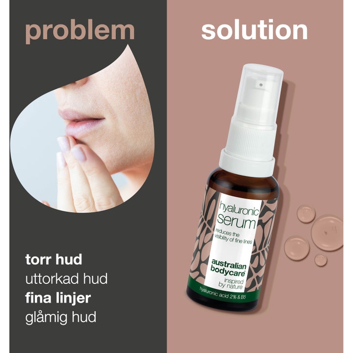 Australian Bodycare Hyaluronic Serum 30 ml mod fine linjer og tør hud i brun glasflaske med hvid pumpe.