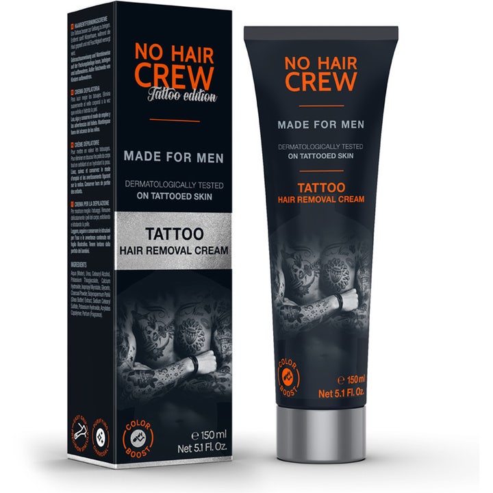 No Hair Crew Tattoo Hair Removal Cream 150 ml hårfjerningscreme til tatoveret hud i sort tube og æske med orange tekst.
