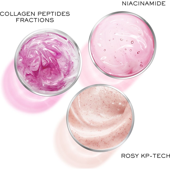 Lancôme Rénergie Multi-Glow 50 ml dagcreme viser teksturer af niacinamide og collagen peptides i lyserøde nuancer.