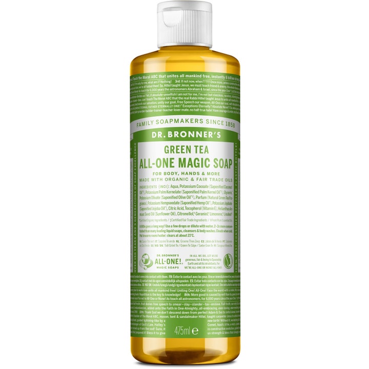 Dr. Bronner's Green Tea All-One Magic Soap 475 ml beroligende kropssæbe i ravfarvet plastflaske med hvid og grøn etiket.