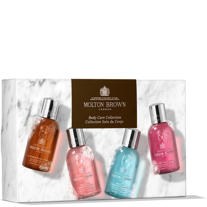 Molton Brown Body Quad 400 ml kropspleje gaveæske med fire farverige showergels i en elegant marmoreret æske