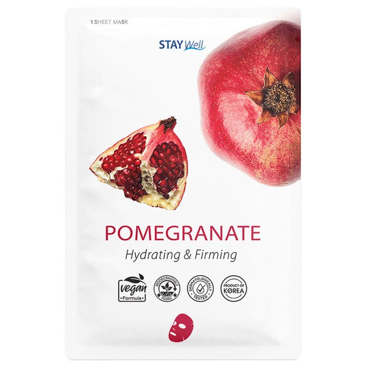 STAY Well Pomegranate Sheet Mask 1 stk fugtgivende ansigtsmaske i hvid sachet med illustration af granatæble