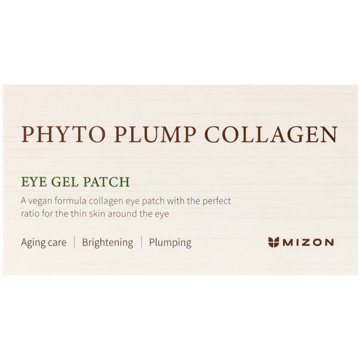 Mizon Phyto Plump Collagen Eye Gel Patch 84 g veganske eye patches på lys emballage med tekst om aging care og plumping.