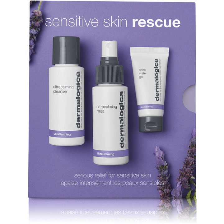Dermalogica Sensitive Skin Rescue 3 stk beroligende hudplejesæt med rens, mist og gel i lilla æske med lavendler