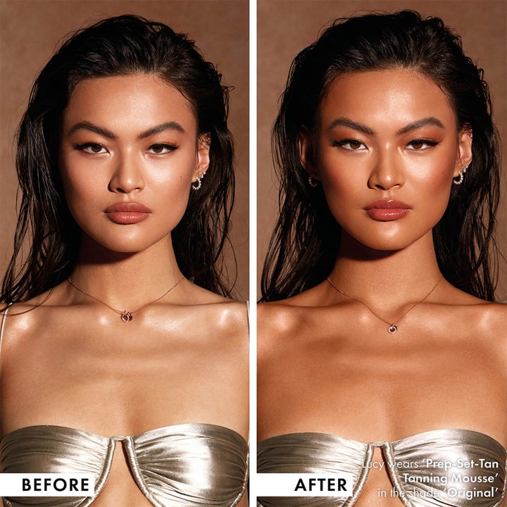 ICONIC London Tanning Mousse 150 ml giver en solkysset glød vist med før og efter resultater på model.