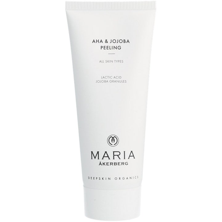 Maria Åkerberg AHA & Jojoba Peeling eksfolierende ansigtspeeling i en hvid tube med mælkesyre og jojobakorn.