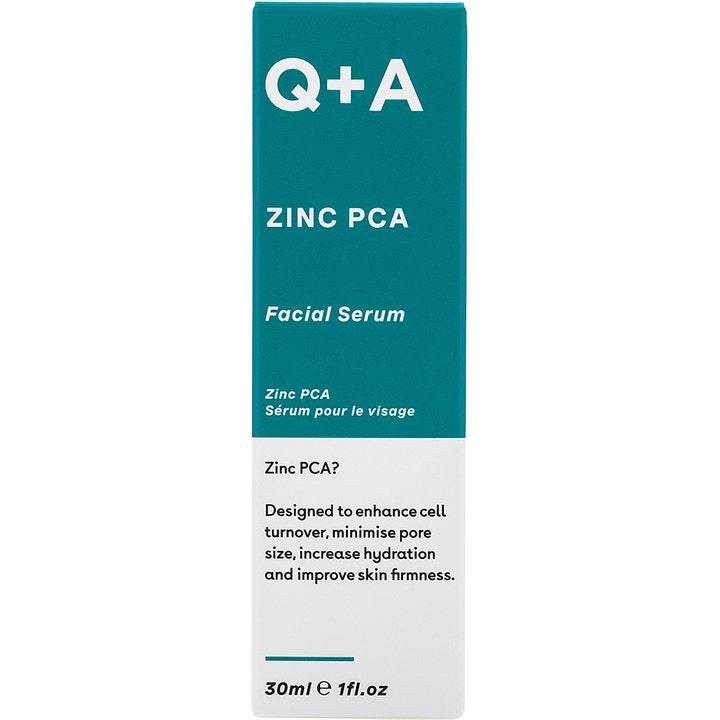 Q+A Zinc PCA Facial Serum 30 ml ansigtsserum i teal og hvid papæske der minimerer porer og øger hudens fasthed