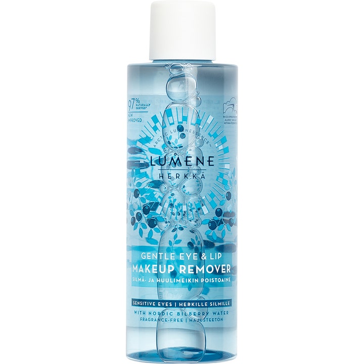 Lumene Herkkä Gentle Eye & Lip Makeup Remover giver skånsom rens i klar plastflaske med bær og hvidt skruelåg