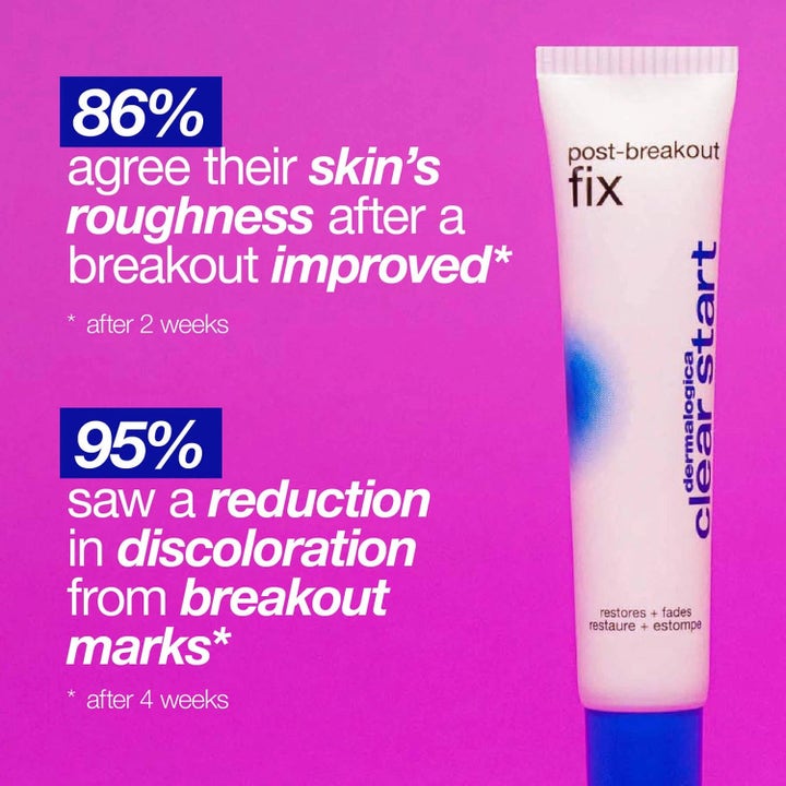 Dermalogica Post-Breakout Fix 15 ml mod mærker er en hvid tube på pink baggrund med tekst om 95% færre misfarvninger.