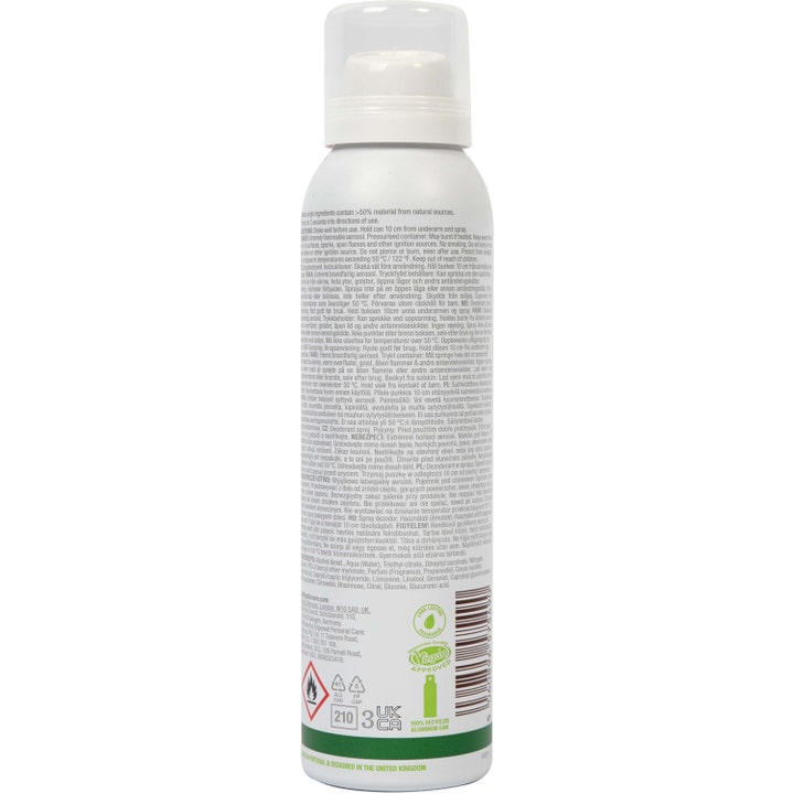 Bulldog Spray Deodorant Original 125 ml herredeodorant hvid sprayflaske set bagfra med ingrediensliste og vegansk logo