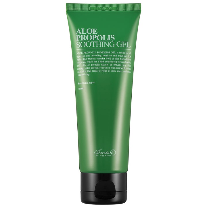 Benton Aloe Propolis Soothing Gel 100ml beroligende ansigtsgel i en mørkegrøn tube med sort kliklåg