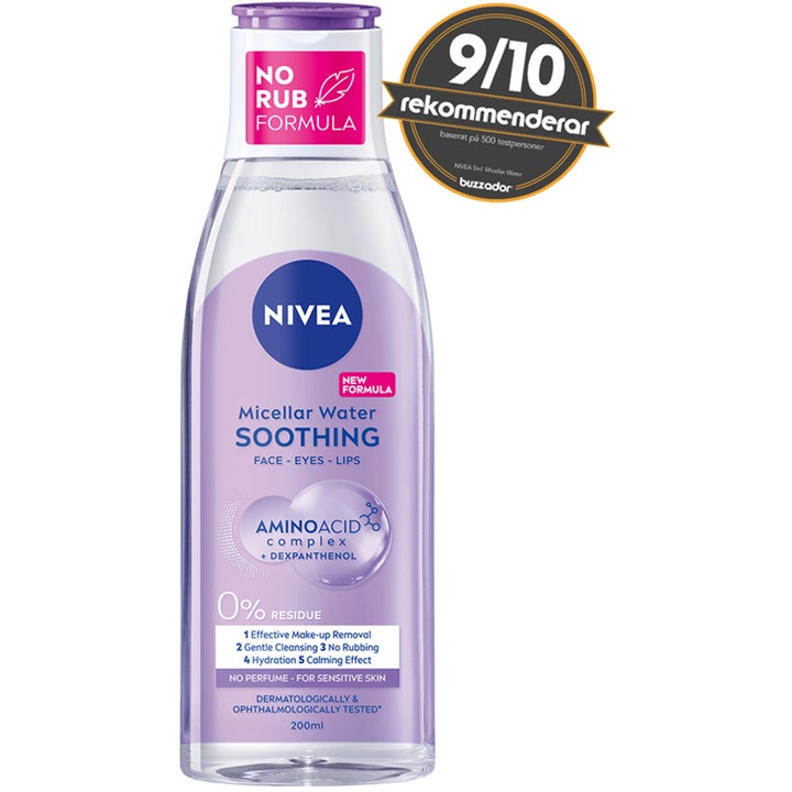 Nivea Micellar Water Soothing 200 ml beroligende ansigtsrens i gennemsigtig flaske med lilla låg