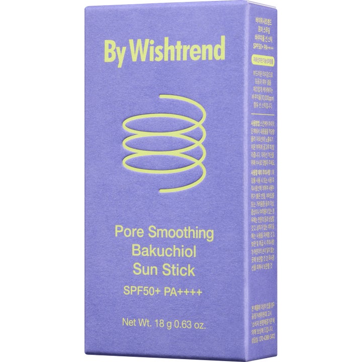 By Wishtrend Pore Smoothing Bakuchiol Sun Stick 18 g udglattende solstift med SPF50 i lilla æske med gul spiral