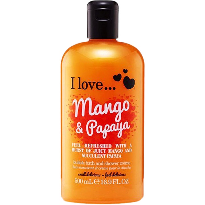 I love... Mango & Papaya 500 ml opfriskende showergel i en klar orange plastflaske med sort låg.
