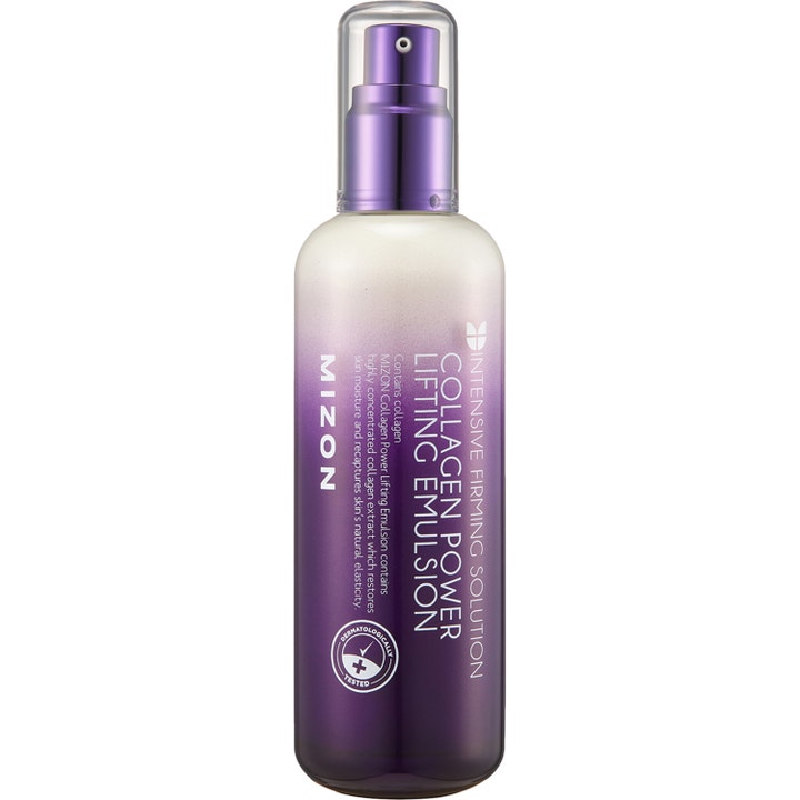Mizon Collagen Power Lifting Emulsion 120 ml opstrammende ansigtsemulsion i lilla ombré-flaske med pumpe
