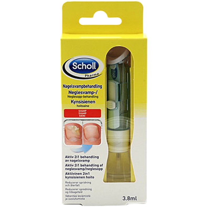 Scholl Neglesvampbehandling 3,8ml mod infektion i gul papæske med applikatorpen og før-efter billeder.