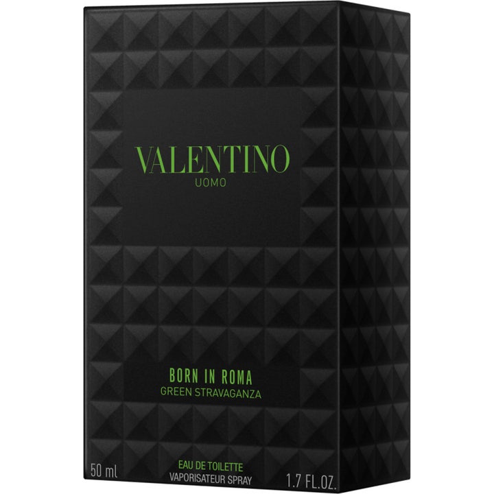 Valentino Born In Roma Uomo Green Stravaganza EdT 50 ml herreparfume i nittet glasflakon ved siden af sort æske