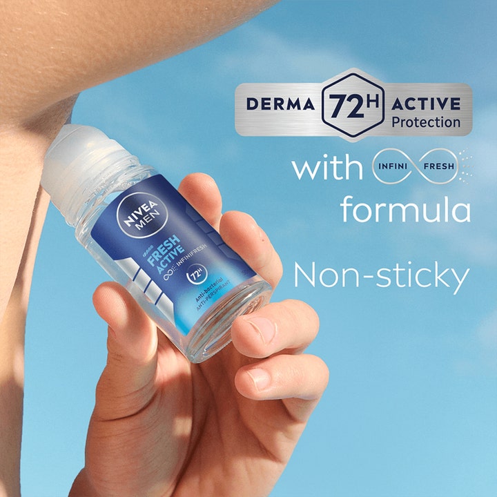 NIVEA MEN Fresh Active 50 ml roll-on herredeodorant påføres i armhulen og giver 72 timers friskhed uden at klistre