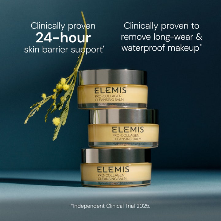 Elemis Pro-Collagen Cleansing Balm 100 g rens fjerner vandfast makeup vist som tre stablede krukker med en gul blomst.