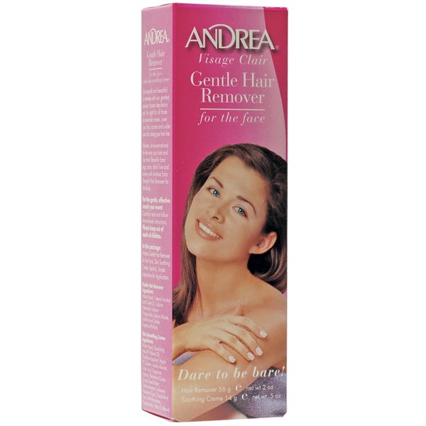 Andrea Visage Clair Gentle Hair Remover 56 g og 14 g hårfjerningscreme til ansigtet i pink papæske med en smilende kvinde