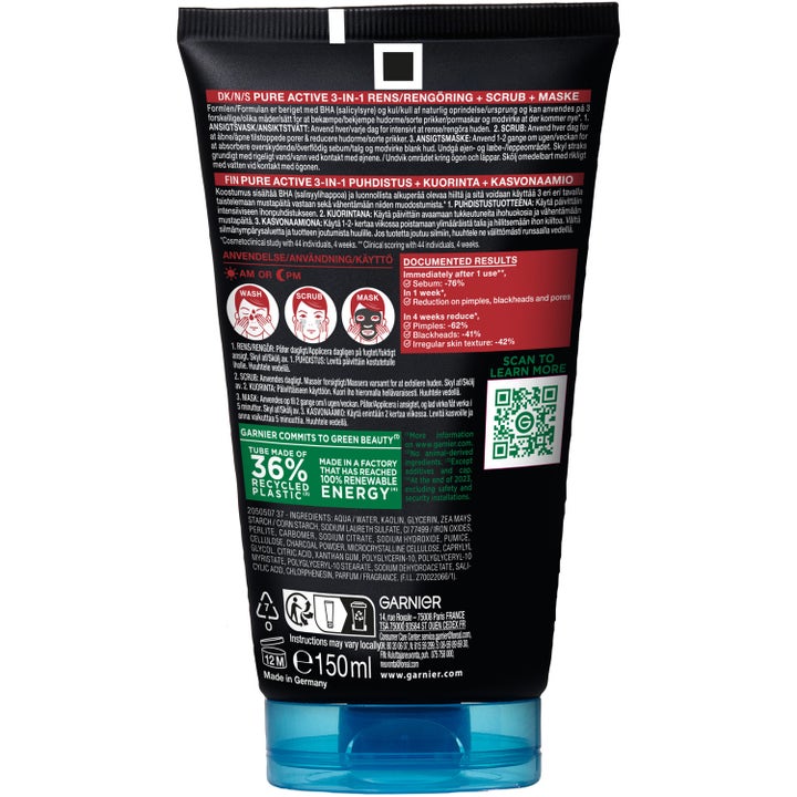 Garnier Pure Active 3-in-1 Charcoal 150 ml ansigtsskrub mod urenheder viser tubens bagside med detaljeret vejledning.