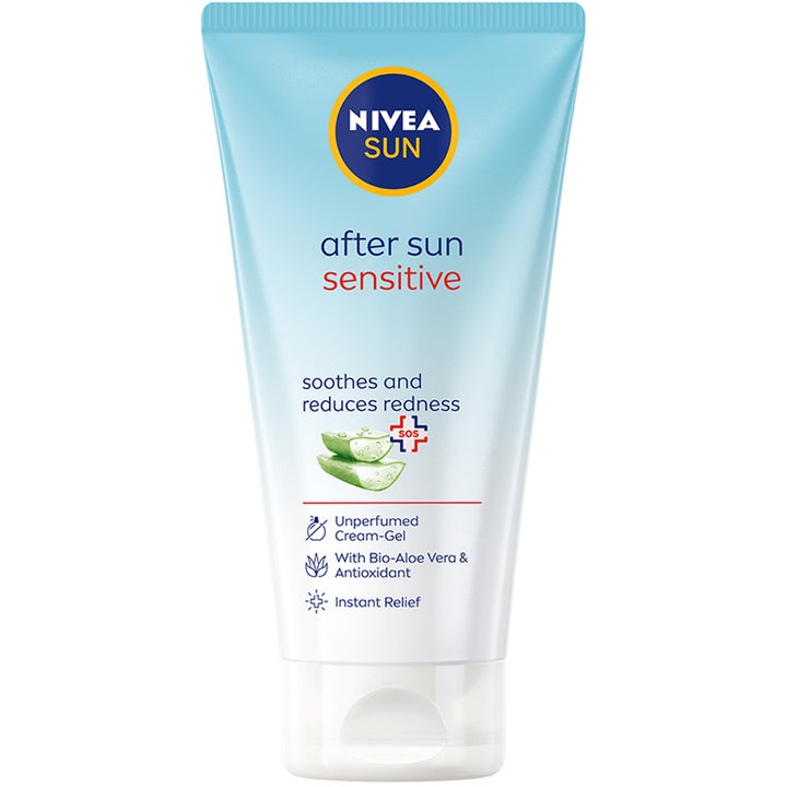 Nivea Sun After Sun Sensitive beroligende aftersun cream-gel i lyseblå tube med aloe vera der lindrer rødme