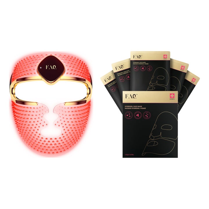 FAQ Swiss 202 LED Face Mask og 5 stk Hydrogel Face Mask hudforyngende lysterapi med rød maske og sort guld emballage