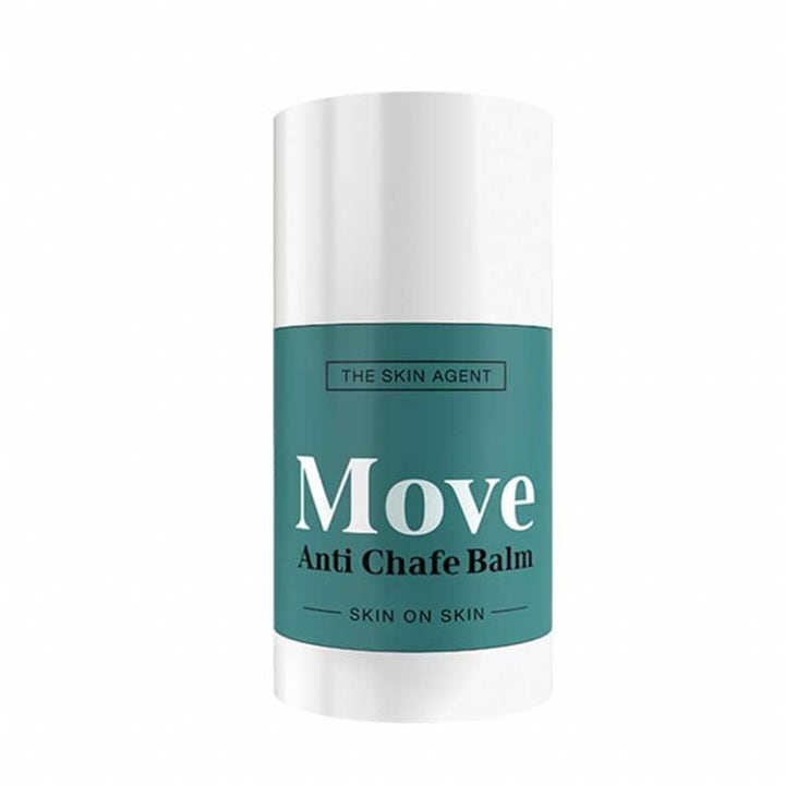 The Skin Agent Move Anti Chafe Balm mod gnavsår og hudirritation i hvid stift med blågrøn etiket og hvid tekst