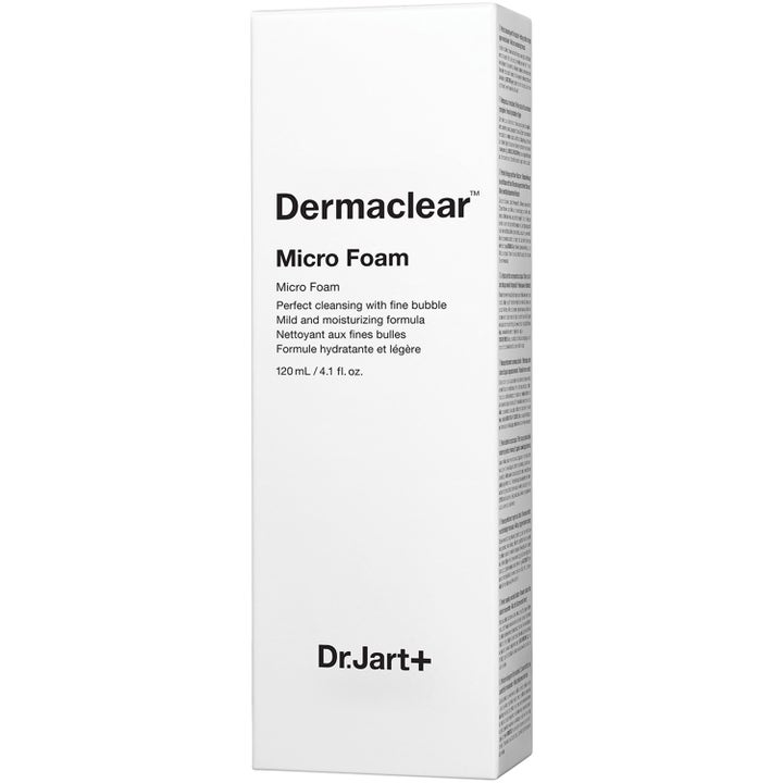 Dr.Jart+ Dermaclear Micro Foam 120 ml ansigtsrens i hvid papæske med minimalistisk sort tekst