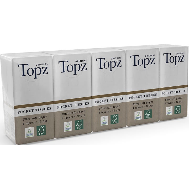 Topz Original Pocket Tissues 10 stk bløde 4-lags lommetørklæder i hvide plastpakker med beige detaljer.