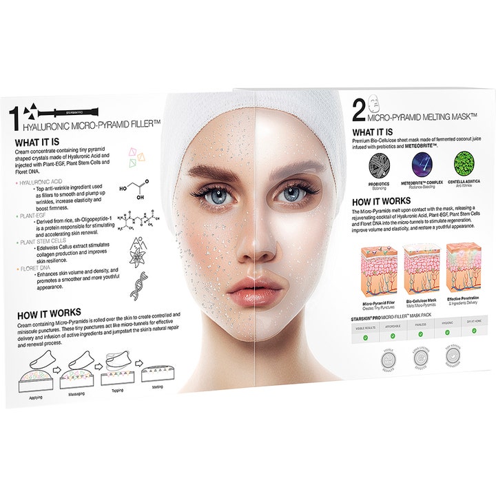 Starskin Micro Filler Mask Pack 40 g udfyldende ansigtsmaske med trin-for-trin guide og billede af sheet mask