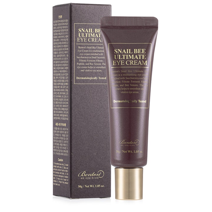 Benton Snail Bee Ultimate Eye Cream 30 g udglattende øjencreme i mørkebrun tube med guldhætte og æske