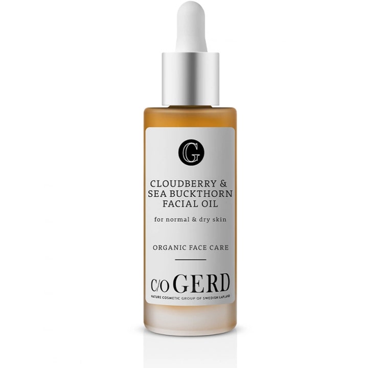 c/o Gerd Cloudberry & Sea Buckthorn Facial Oil plejende ansigtsolie til tør hud i frostet glasflaske med pipette.