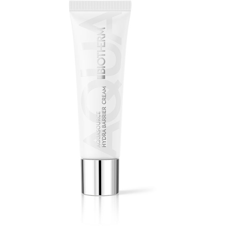 Biotherm Aquasource Hydra Barrier Cream fugtgivende ansigtscreme i en hvid tube med et blankt sølvlåg