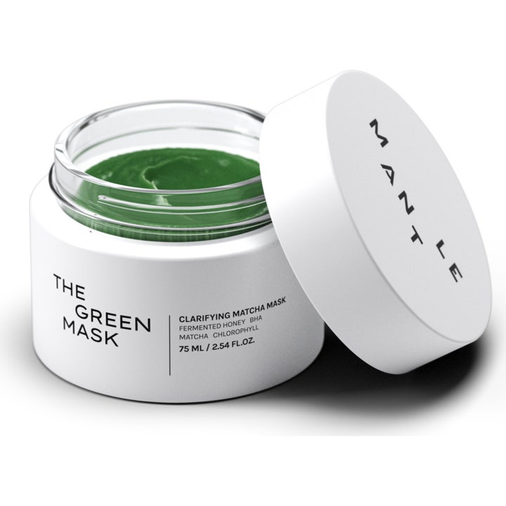 MANTLE The Green Mask 75 ml rensende ansigtsmaske med BHA og matcha i hvid krukke med grøn tekstur