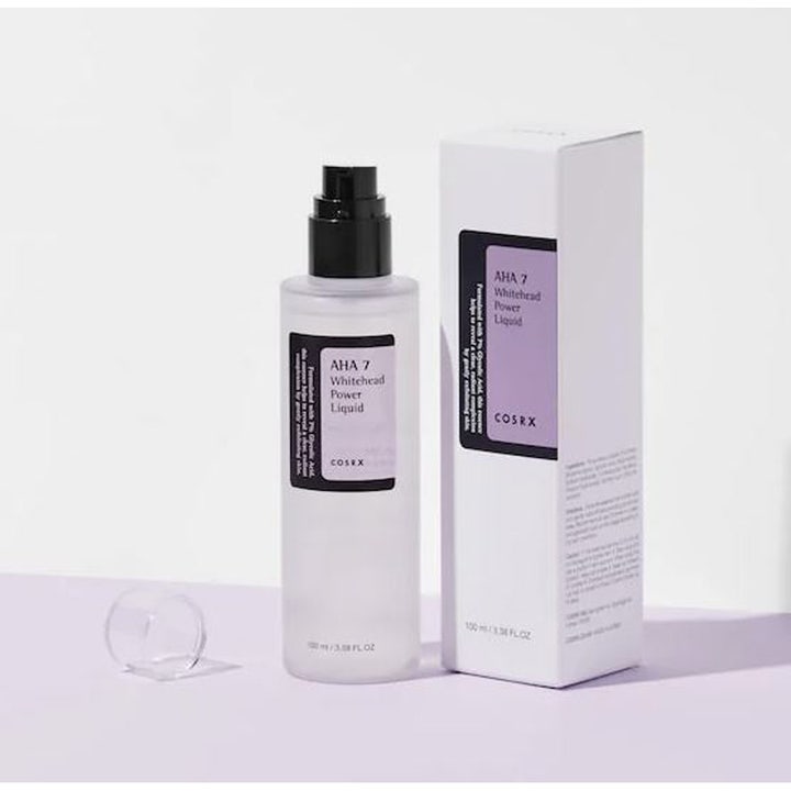 COSRX AHA 7 Whitehead Power Liquid 100 ml eksfolierende toner i frostet flaske med sort pumpe og hvid æske