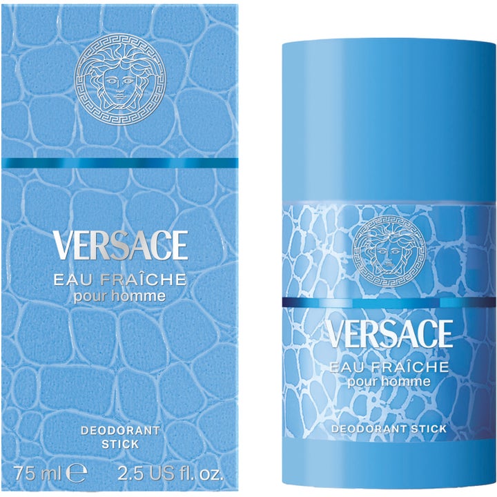 Versace Eau Fraiche Deostick 75 ml herredeodorant i lyseblå emballage med sølv Medusa-logo og mønster