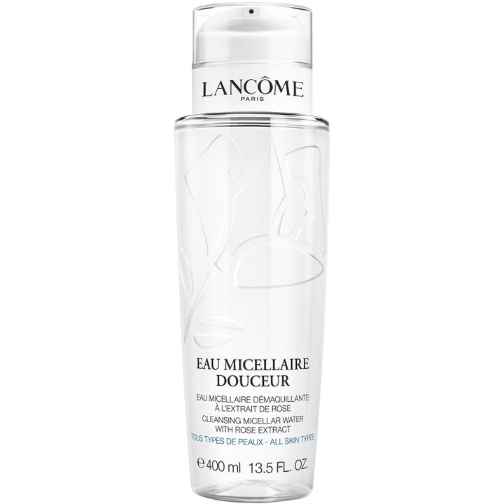 Lancôme Eau Micellaire Douceur 400 ml rensende micellar water i gennemsigtig flaske med præget rosedesign.