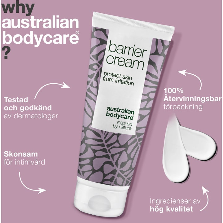 Australian Bodycare Barrier Cream 100 ml intimpleje mod irritation i hvid tube med cremet tekstur og lilla mønster