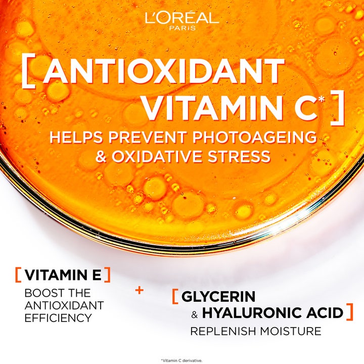 L'Oréal Paris Revitalift Clinical 50 ml solcreme viser orange tekstur med C-vitamin og hyaluronsyre mod fotoældning.