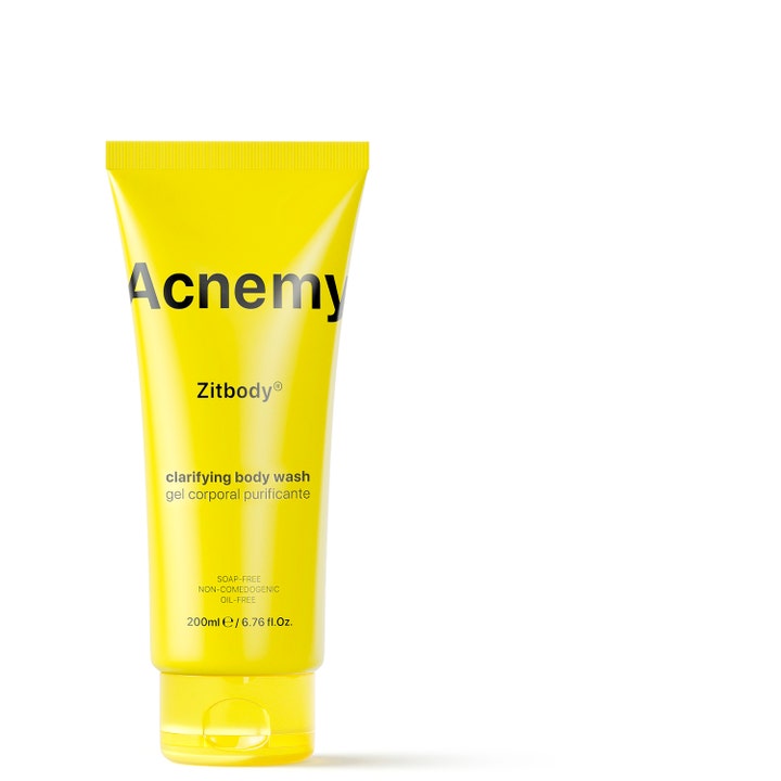 Acnemy Zitbody 200ml rensende kropsvask mod urenheder i en klar gul tube med sort tekst