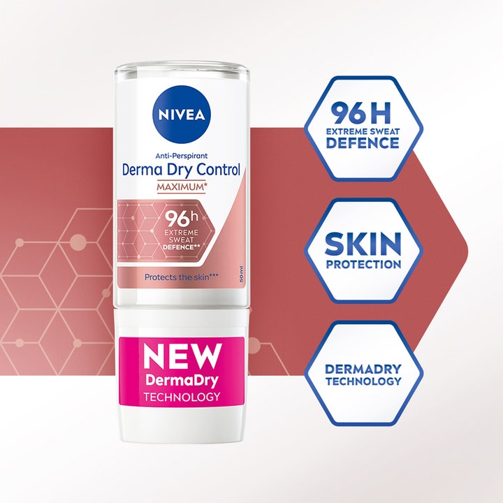 NIVEA Derma Dry Control 50 ml roll-on deodorant med 96h extreme sweat defence og hudbeskyttelse