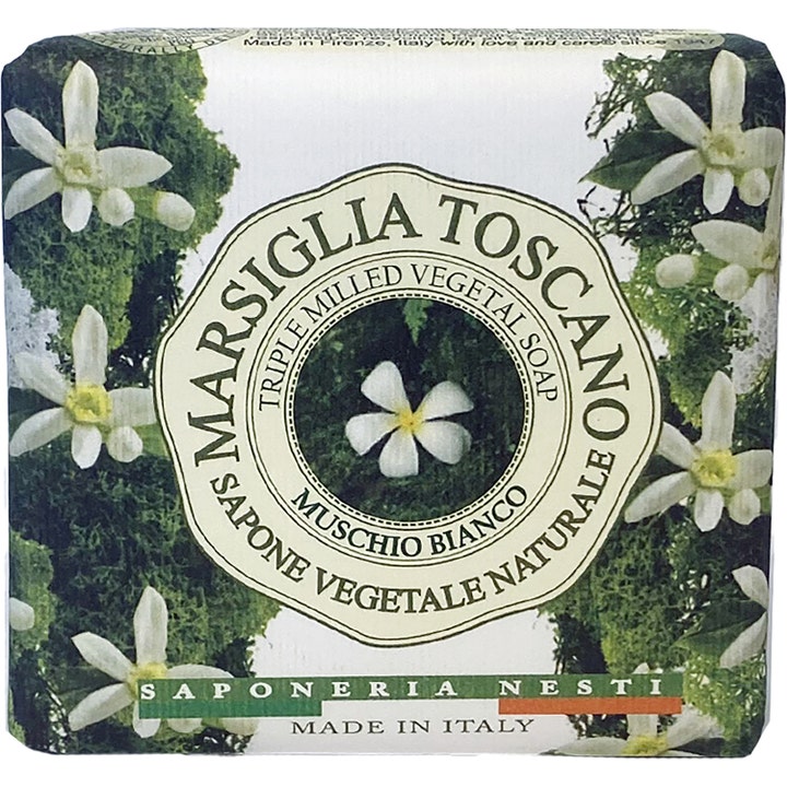 Nesti Dante Marsiglia Toscano Muschio Bianco 200g vegetabilsk sæbe i papir med hvide blomster og grønt mos