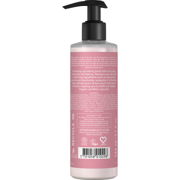Urtekram Soft Wild Rose 245 ml fugtgivende body lotion i flaske med pumpe og ingrediensliste bagpå
